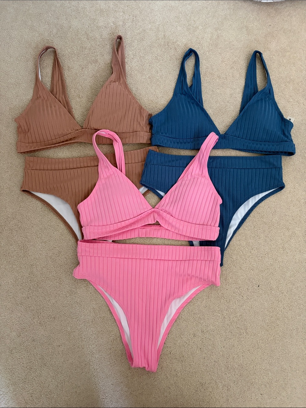 SHEIN Ribbed Bikini Set Trio in Pink, Tan, and Blue
